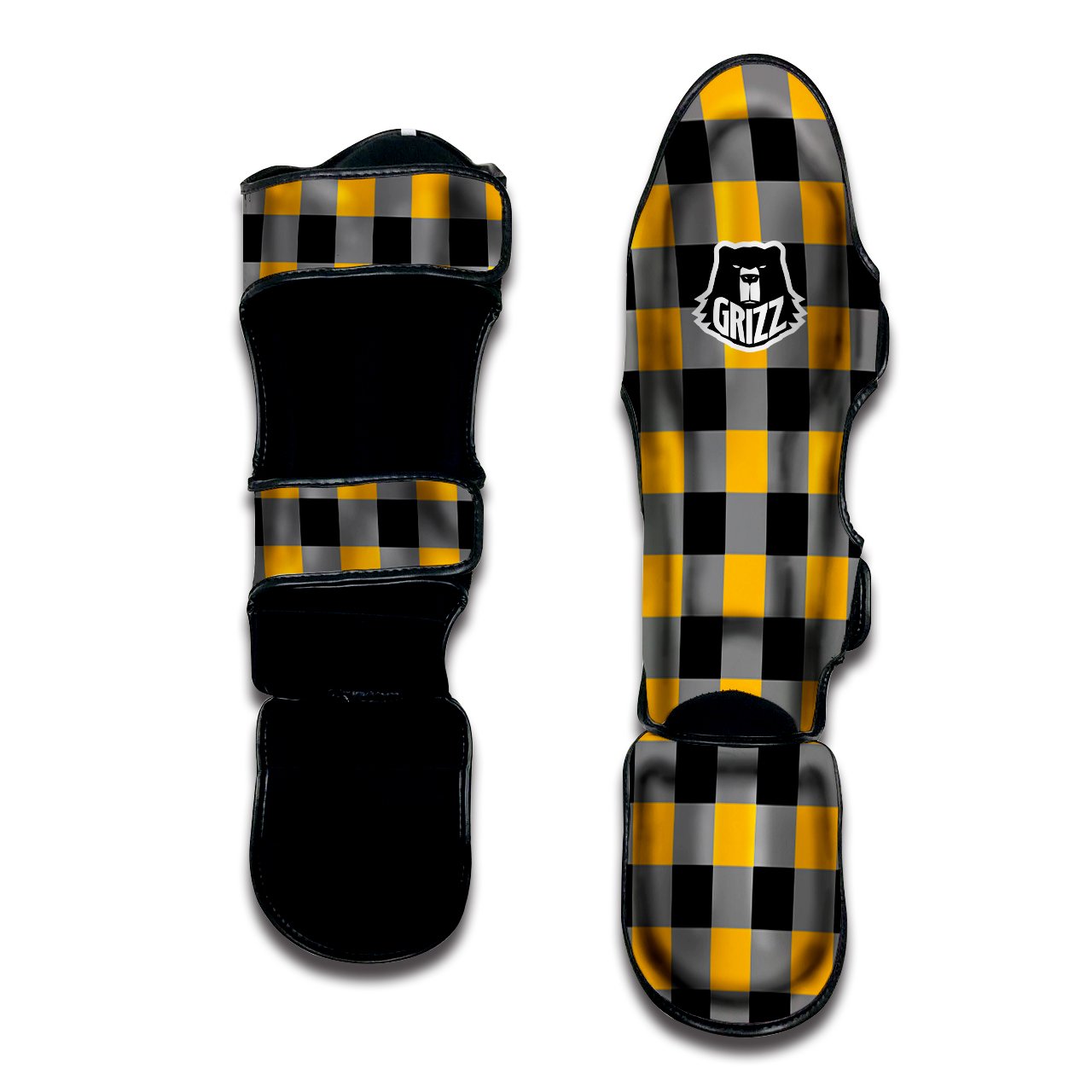 Check Yellow And Black Print Pattern Muay Thai Shin Guards-grizzshop