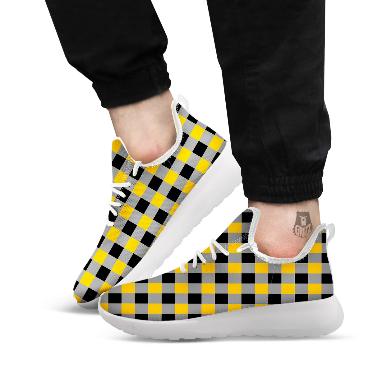 Check Yellow And Black Print Pattern White Athletic Shoes-grizzshop