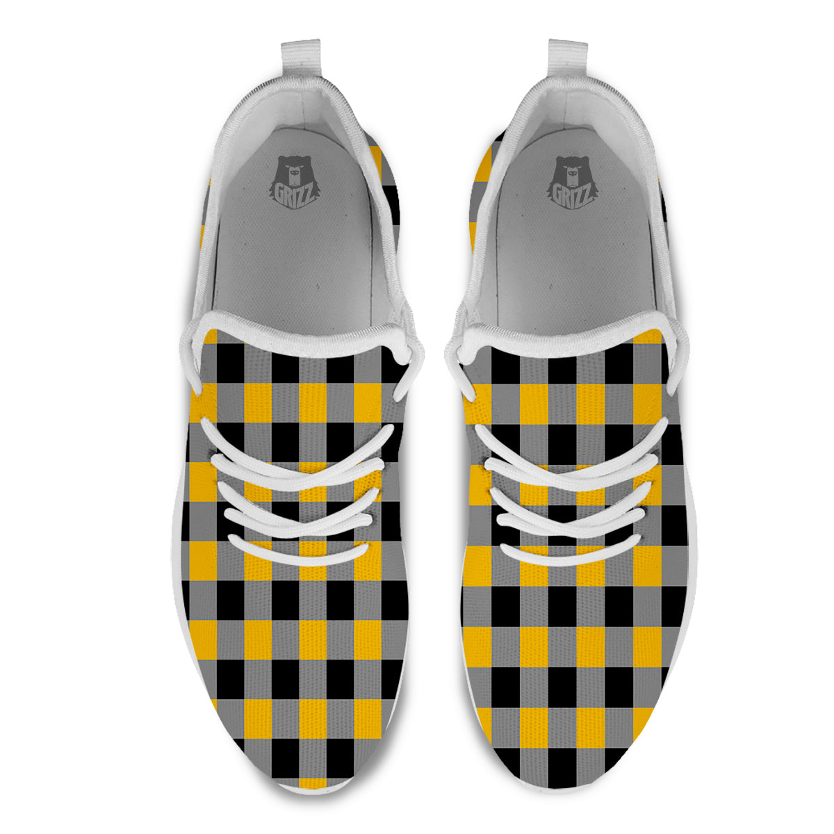 Check Yellow And Black Print Pattern White Athletic Shoes-grizzshop