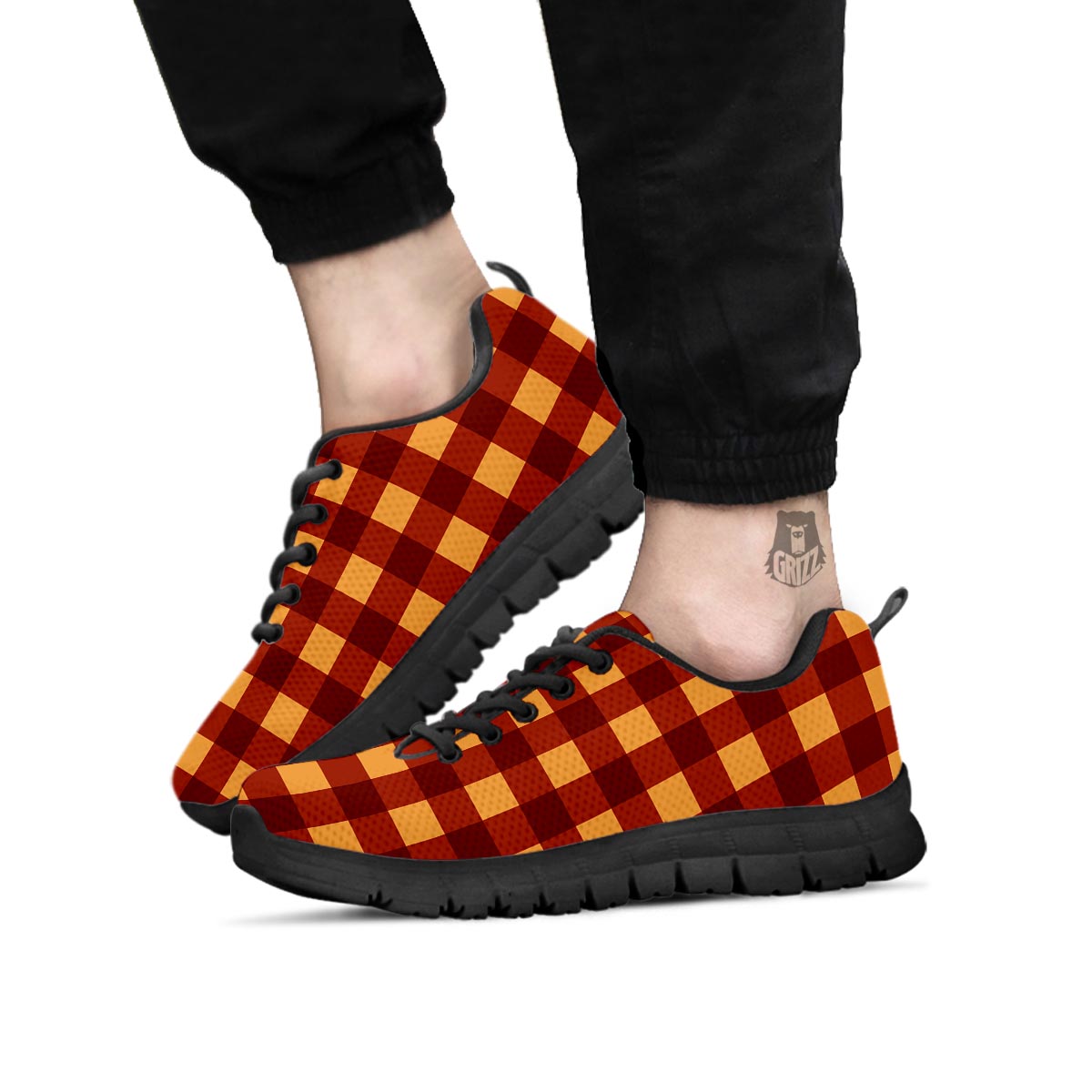 Check Yellow And Red Print Pattern Black Sneaker-grizzshop