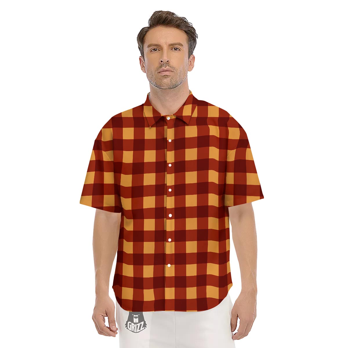 Check Yellow And Red Print Pattern Men's Short Sleeve Shirts-grizzshop