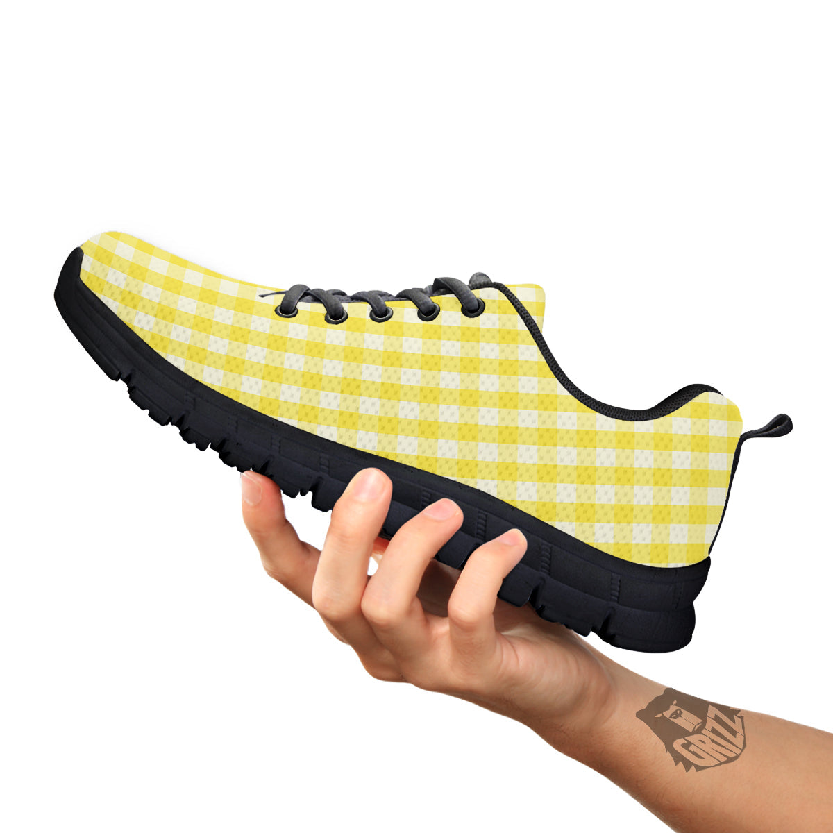 Check Yellow And White Print Pattern Black Sneaker-grizzshop