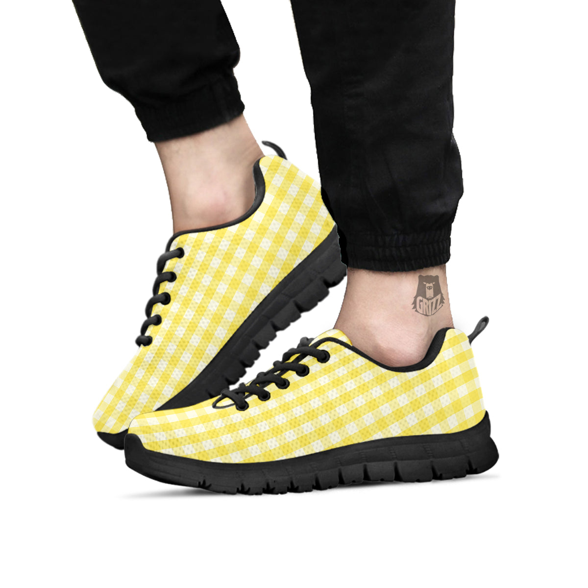 Check Yellow And White Print Pattern Black Sneaker-grizzshop