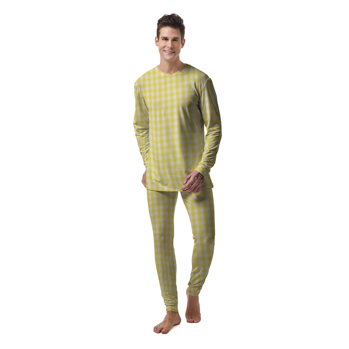 Check Yellow And White Print Pattern Men's Pajamas-grizzshop