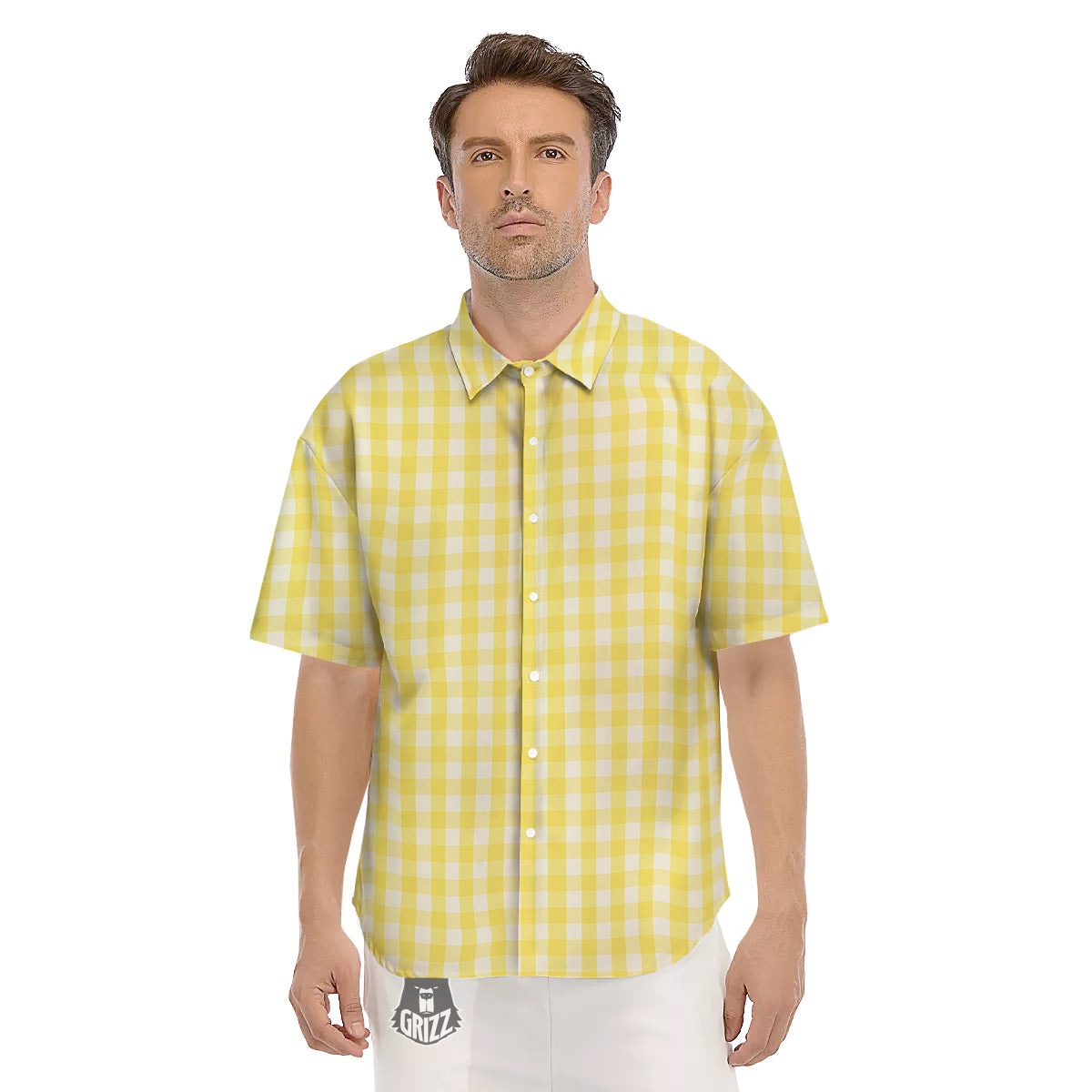 Check Yellow And White Print Pattern Men's Short Sleeve Shirts-grizzshop