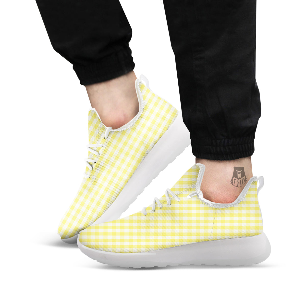 Check Yellow And White Print Pattern White Athletic Shoes-grizzshop