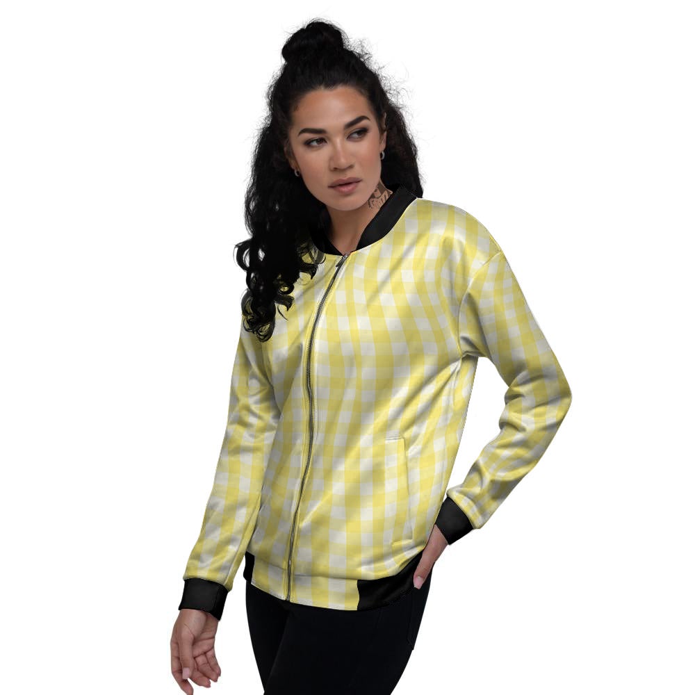 Check Yellow And White Print Pattern Women's Bomber Jacket-grizzshop