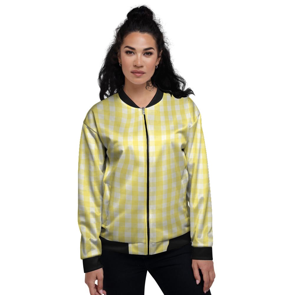 Check Yellow And White Print Pattern Women's Bomber Jacket-grizzshop