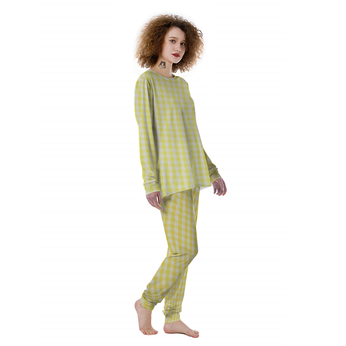 Check Yellow And White Print Pattern Women's Pajamas-grizzshop