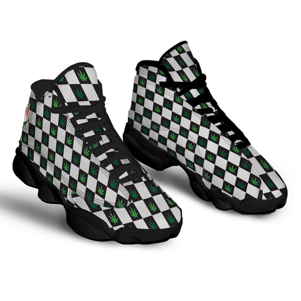 Checked Green Weed Print Pattern Black Basketball Shoes-grizzshop
