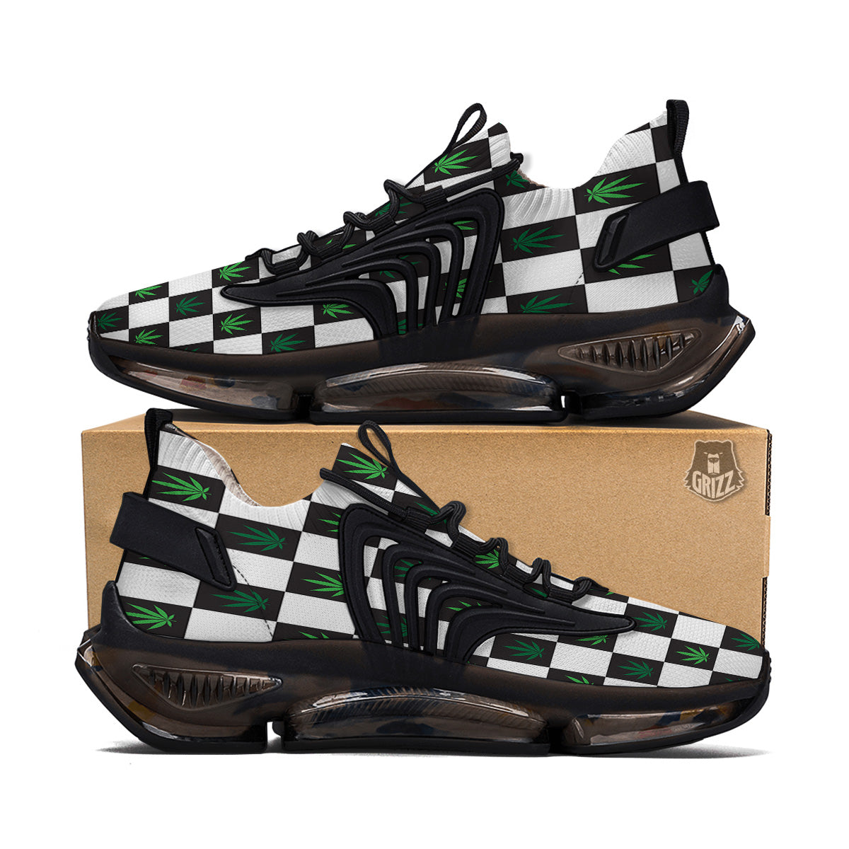 Checked Green Weed Print Pattern Black Gym Shoes-grizzshop