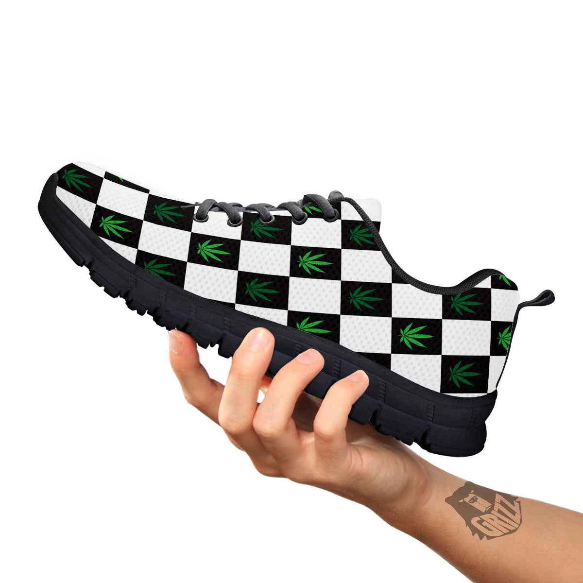 Checked Green Weed Print Pattern Black Sneaker-grizzshop