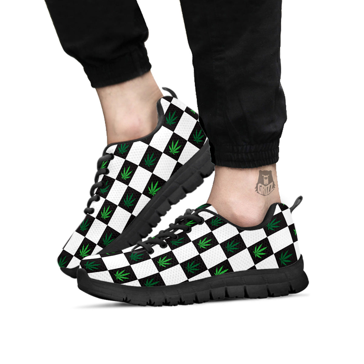 Checked Green Weed Print Pattern Black Sneaker-grizzshop