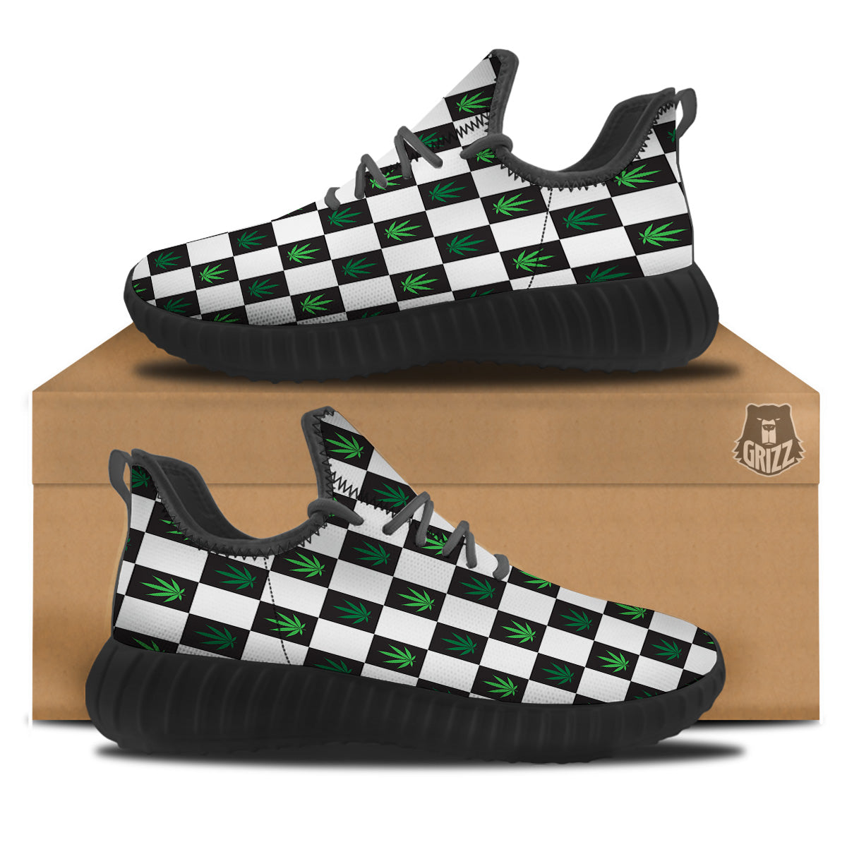 Checked Green Weed Print Pattern Black Walking Shoes-grizzshop