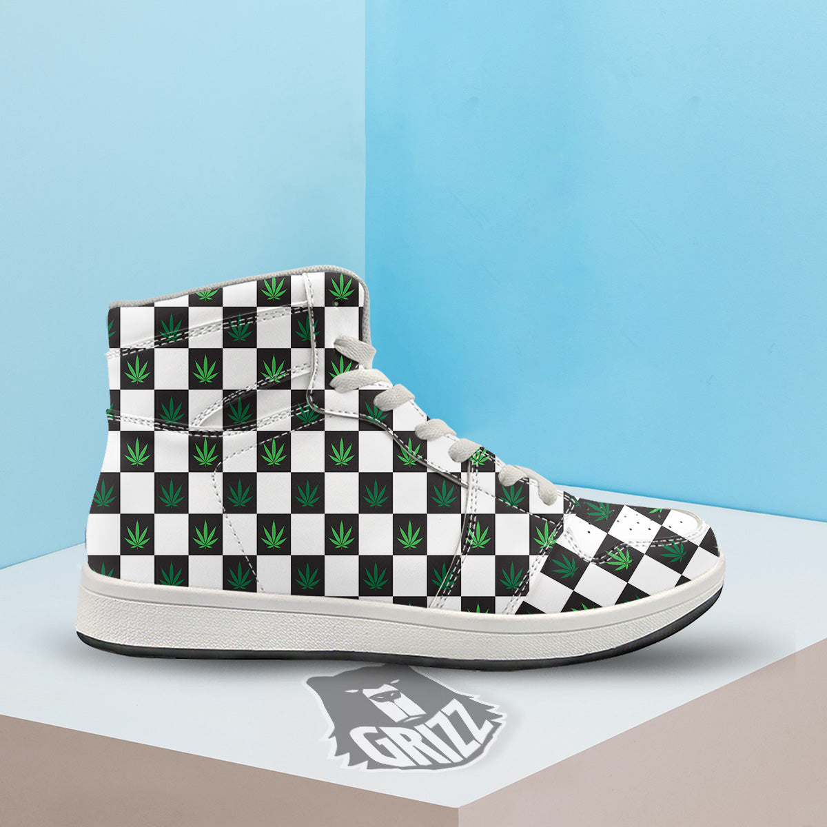 Checked Green Weed Print Pattern High Top Sneakers-grizzshop
