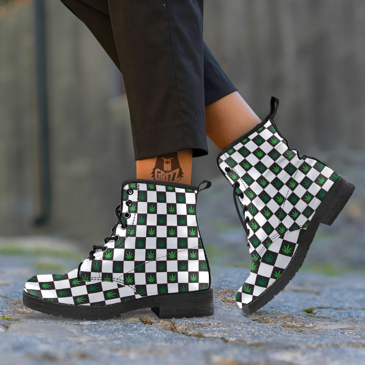 Checked Green Weed Print Pattern Leather Boots-grizzshop