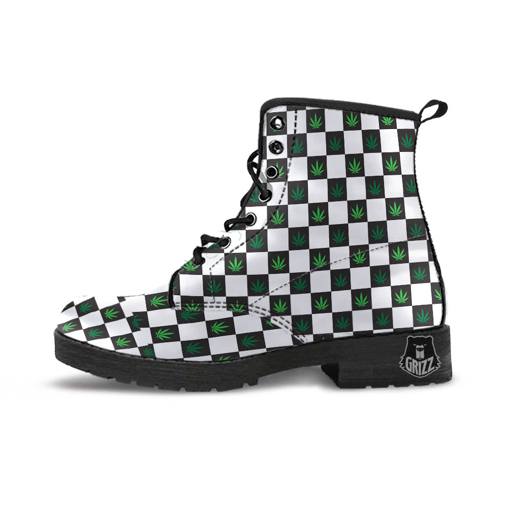 Checked Green Weed Print Pattern Leather Boots-grizzshop