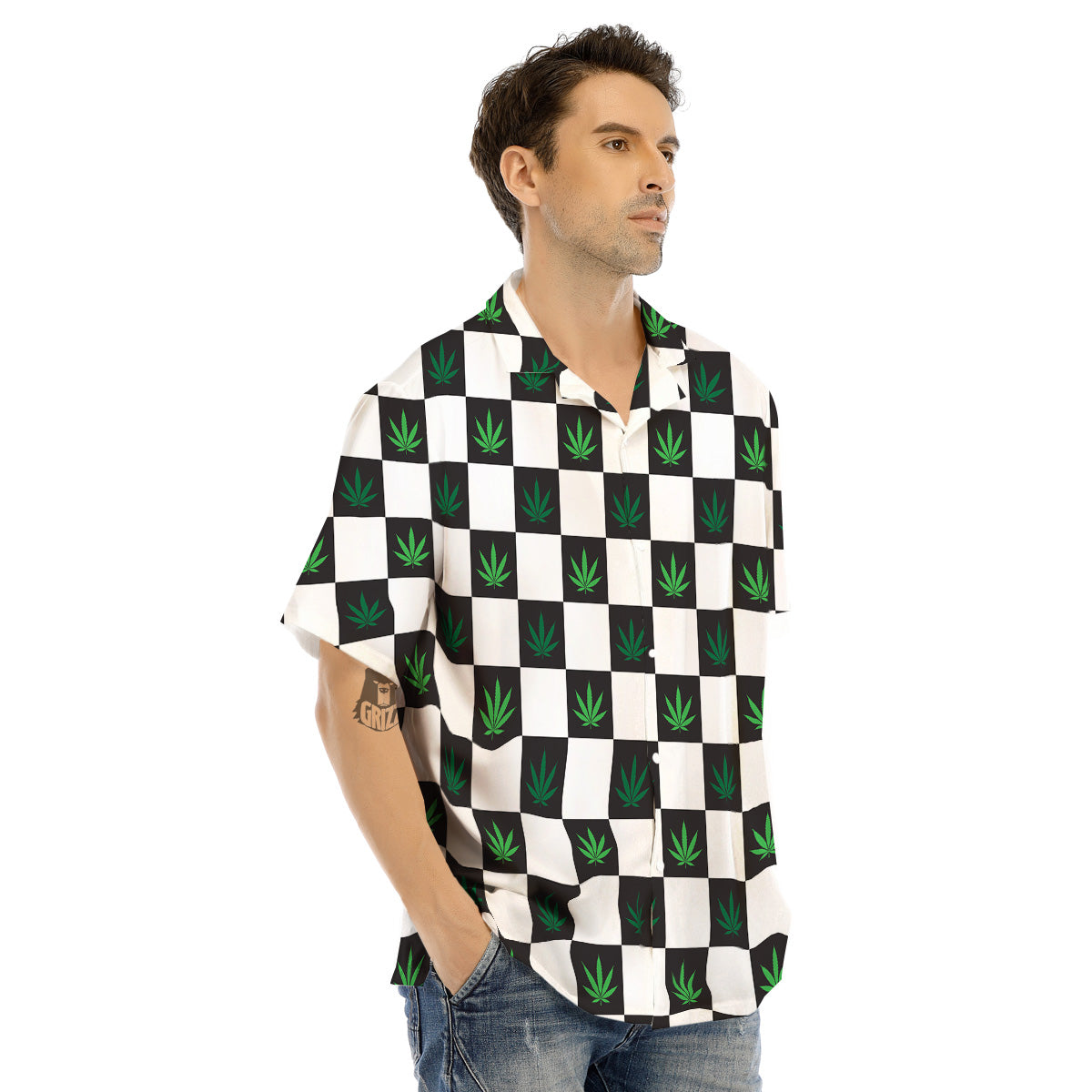 Checked Green Weed Print Pattern Men's Hawaiian Shirt-grizzshop