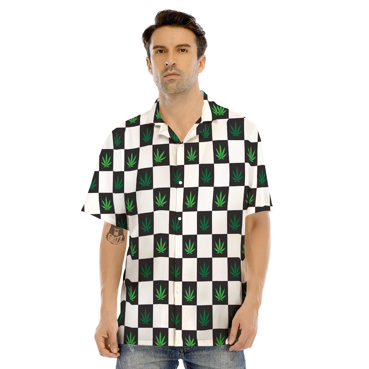 Checked Green Weed Print Pattern Men's Hawaiian Shirt-grizzshop