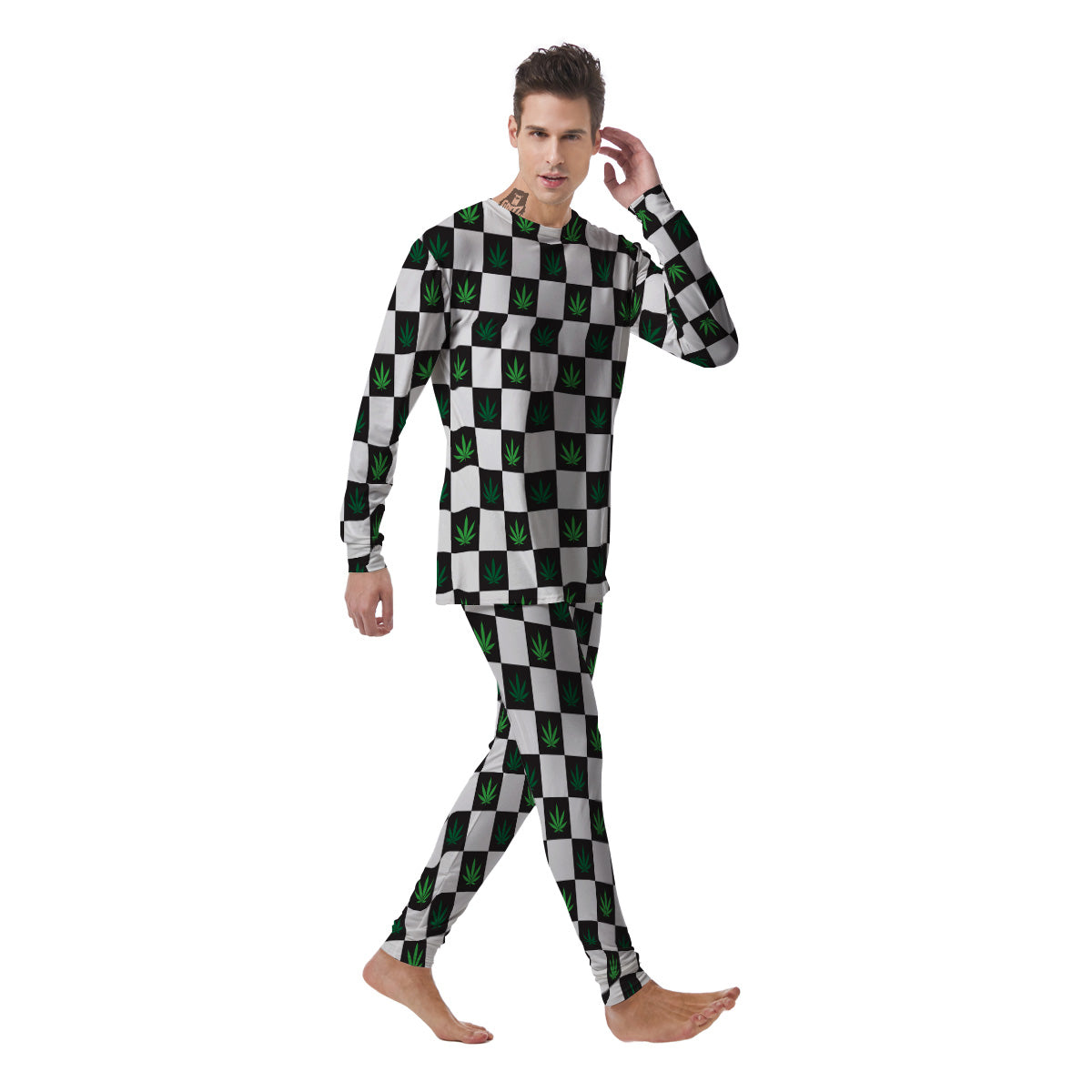 Checked Green Weed Print Pattern Men's Pajamas-grizzshop