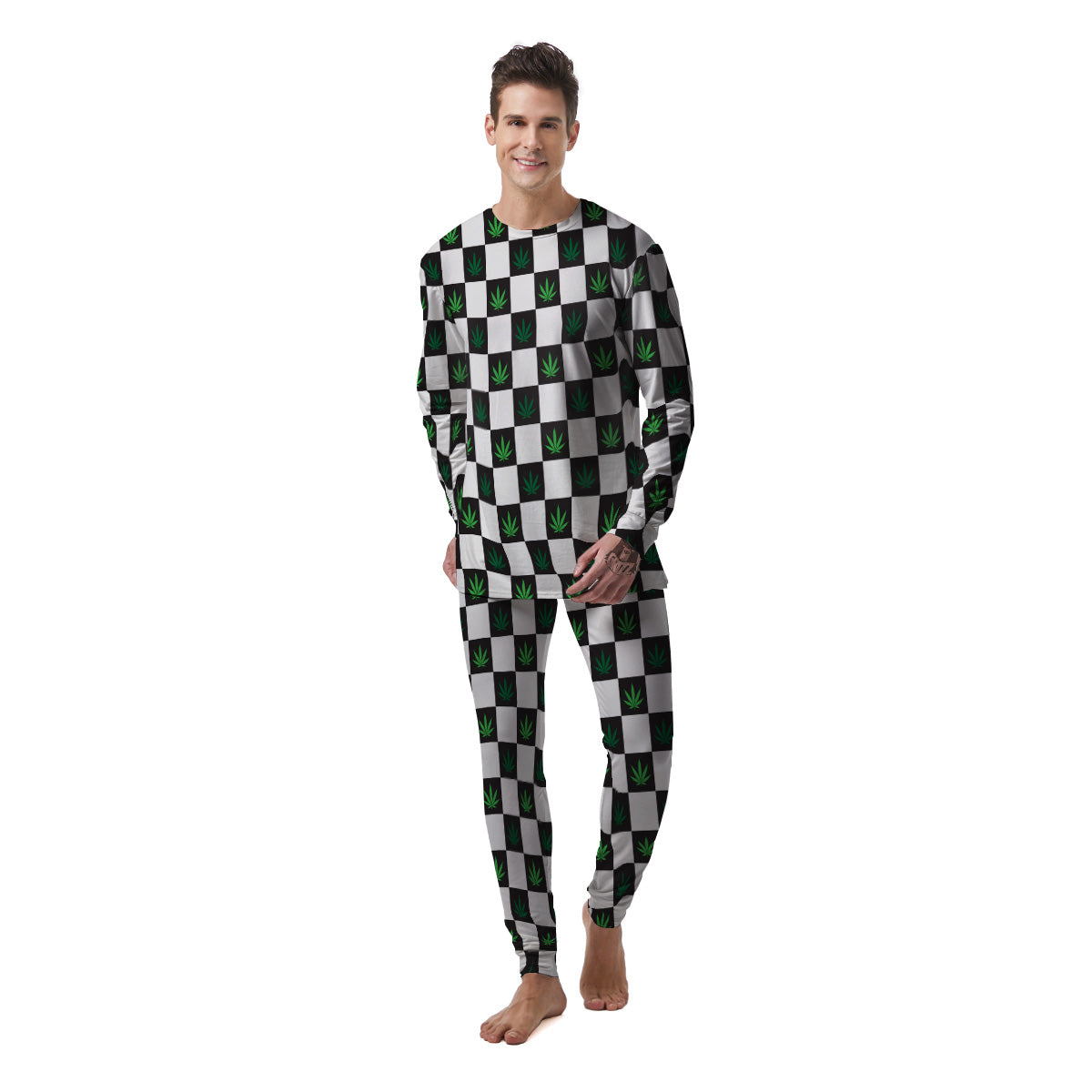 Checked Green Weed Print Pattern Men's Pajamas-grizzshop