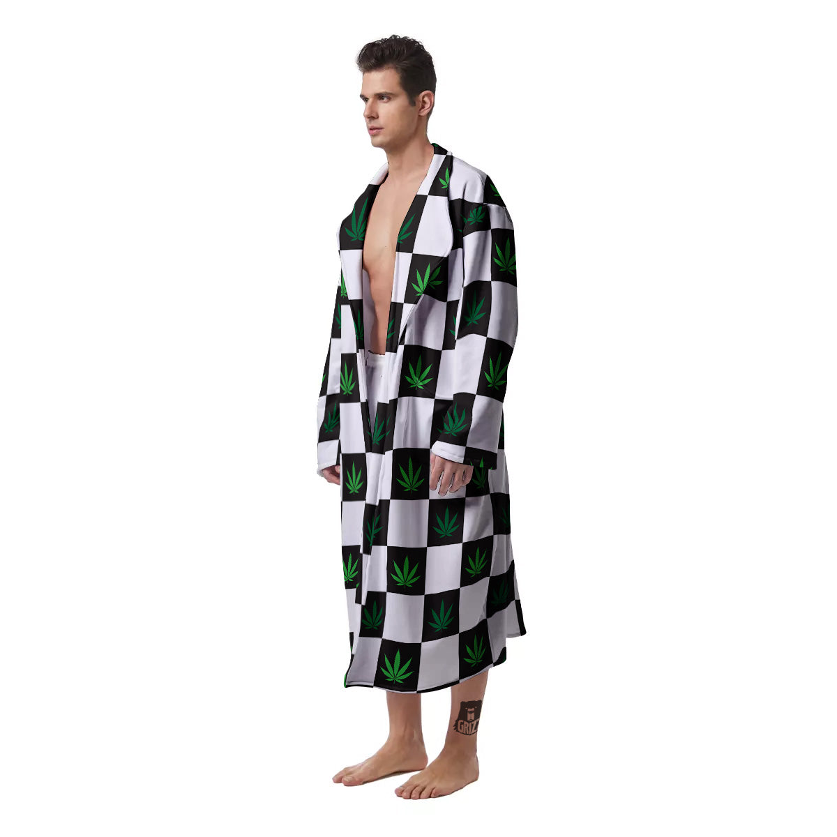 Checked Green Weed Print Pattern Men's Robe-grizzshop