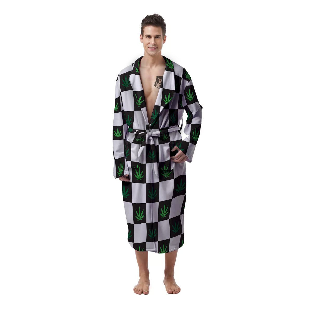 Checked Green Weed Print Pattern Men's Robe-grizzshop