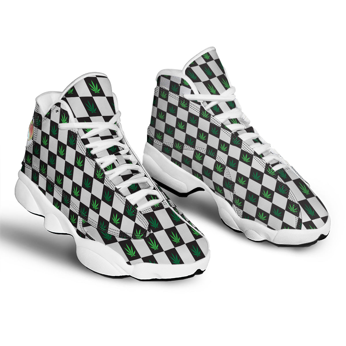 Checked Green Weed Print Pattern White Basketball Shoes-grizzshop