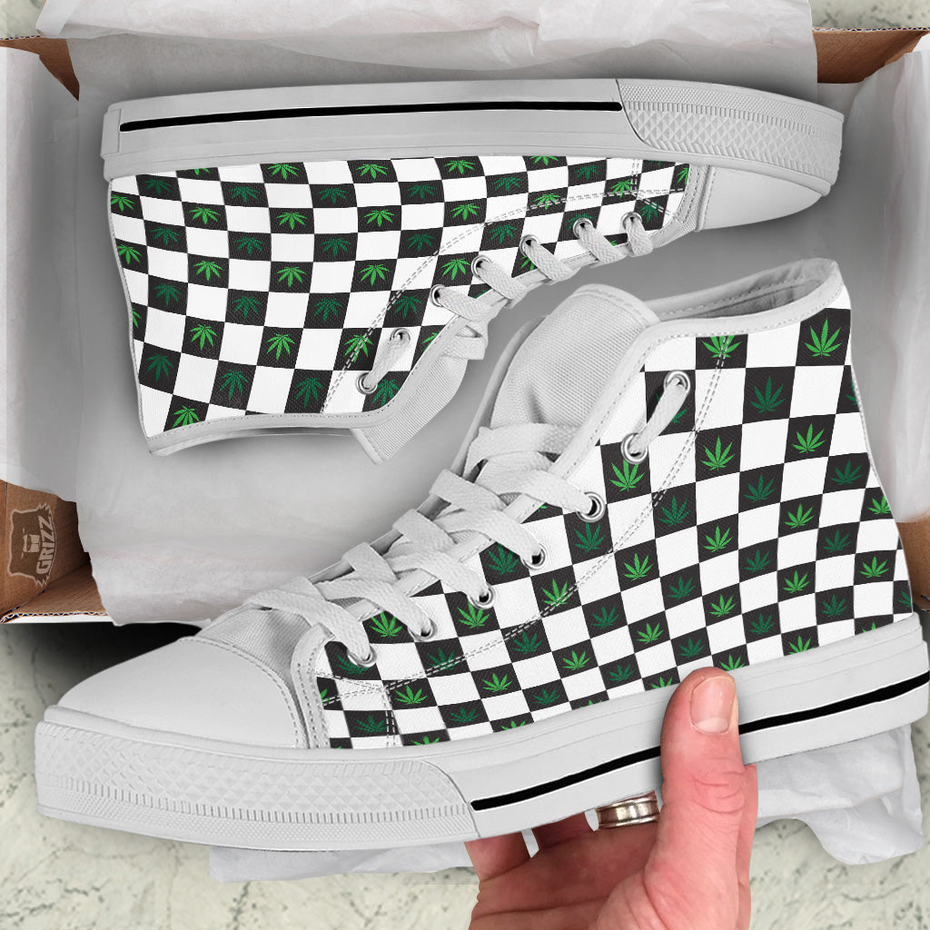 Checked Green Weed Print Pattern White High Top Shoes-grizzshop