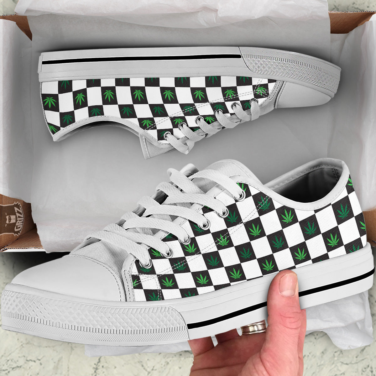 Checked Green Weed Print Pattern White Low Top Shoes-grizzshop