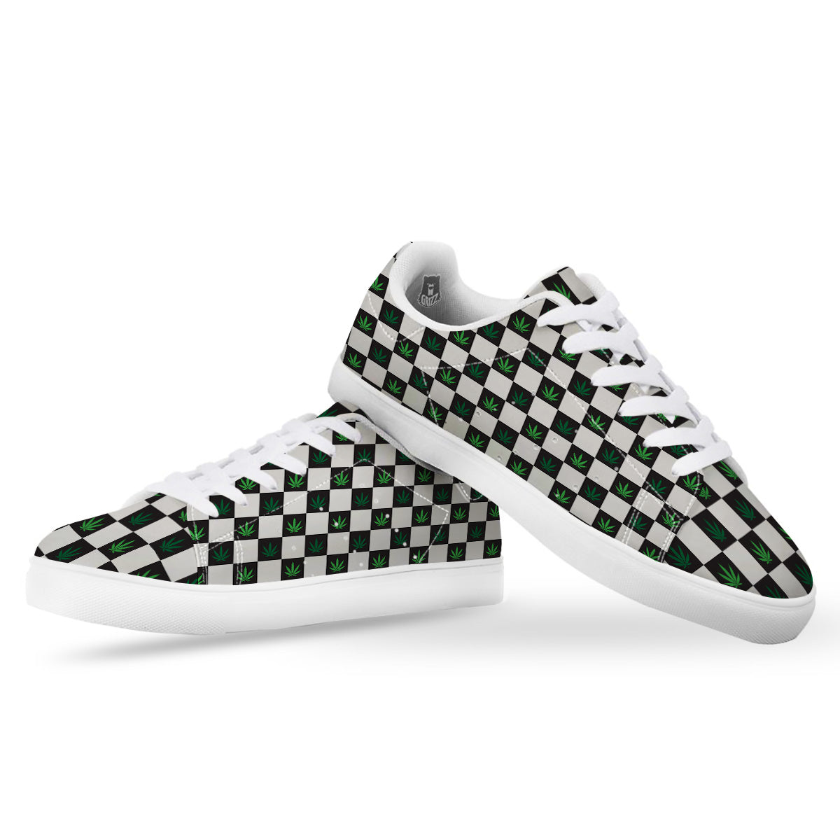 Checked Green Weed Print Pattern White Low Top Sneakers-grizzshop