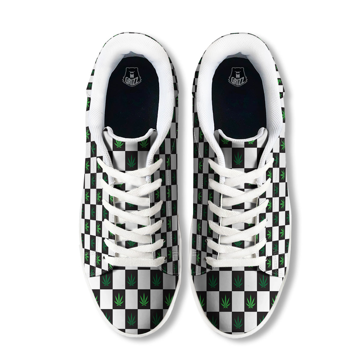 Checked Green Weed Print Pattern White Low Top Sneakers-grizzshop