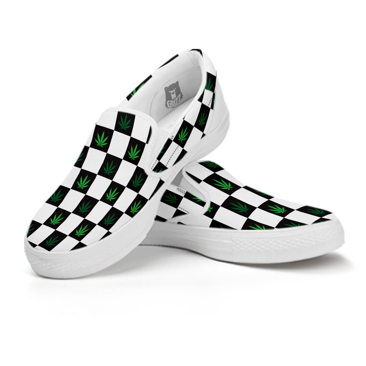 Checked Green Weed Print Pattern White Slip On Shoes-grizzshop