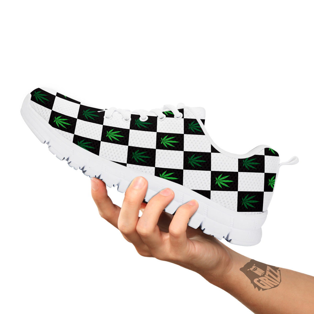 Checked Green Weed Print Pattern White Sneaker-grizzshop