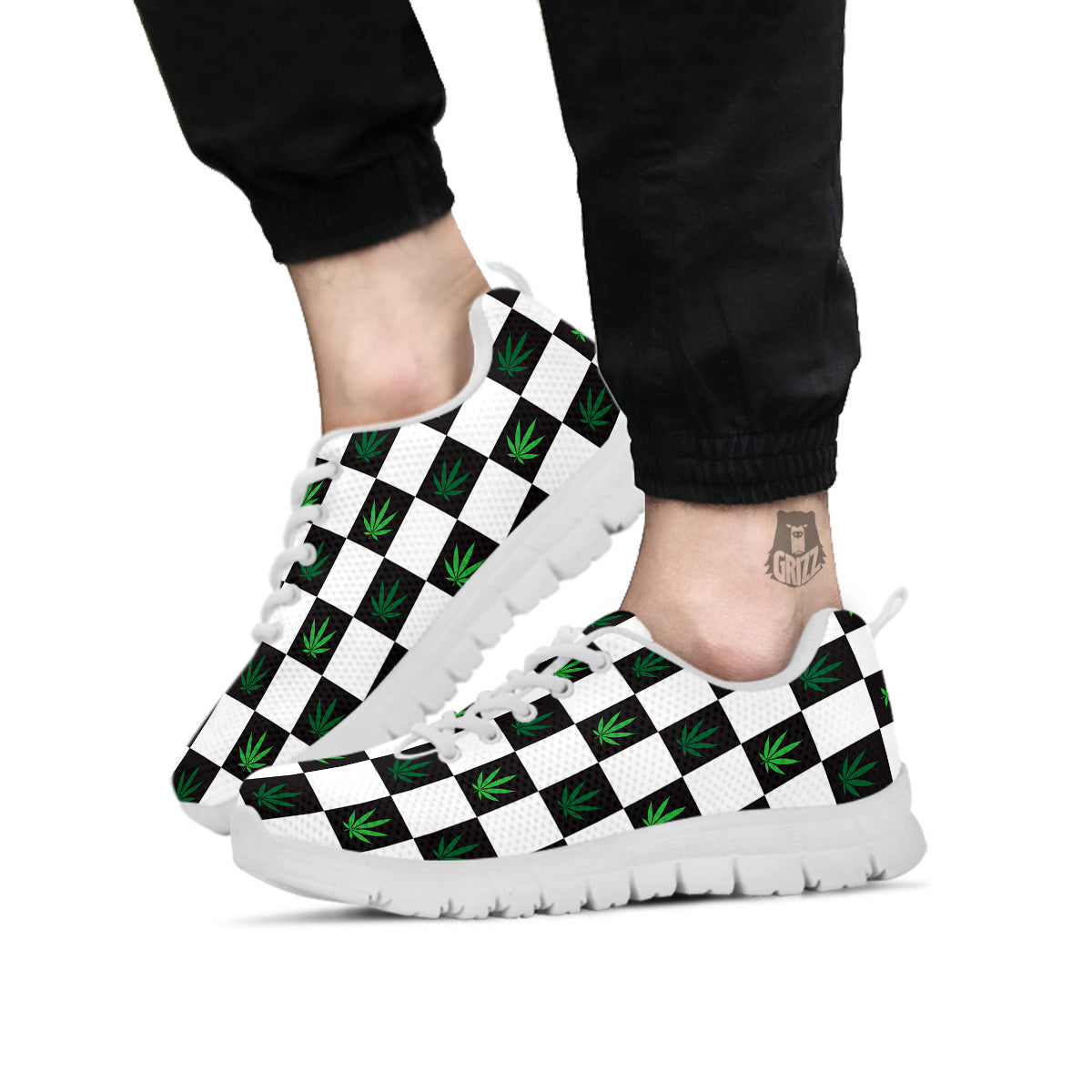 Checked Green Weed Print Pattern White Sneaker-grizzshop