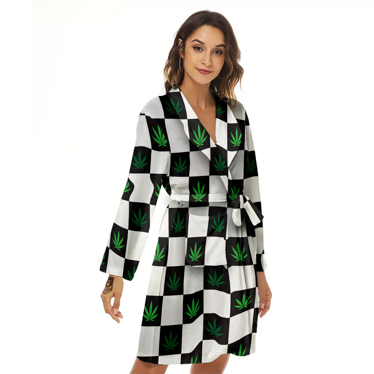 Checked Green Weed Print Pattern Women's Robe-grizzshop