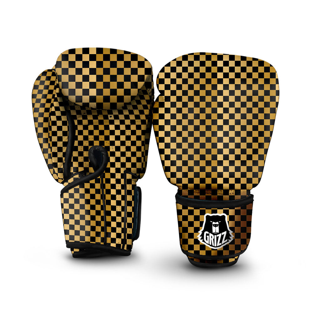 Checkered Black And Gold Print Pattern Boxing Gloves-grizzshop