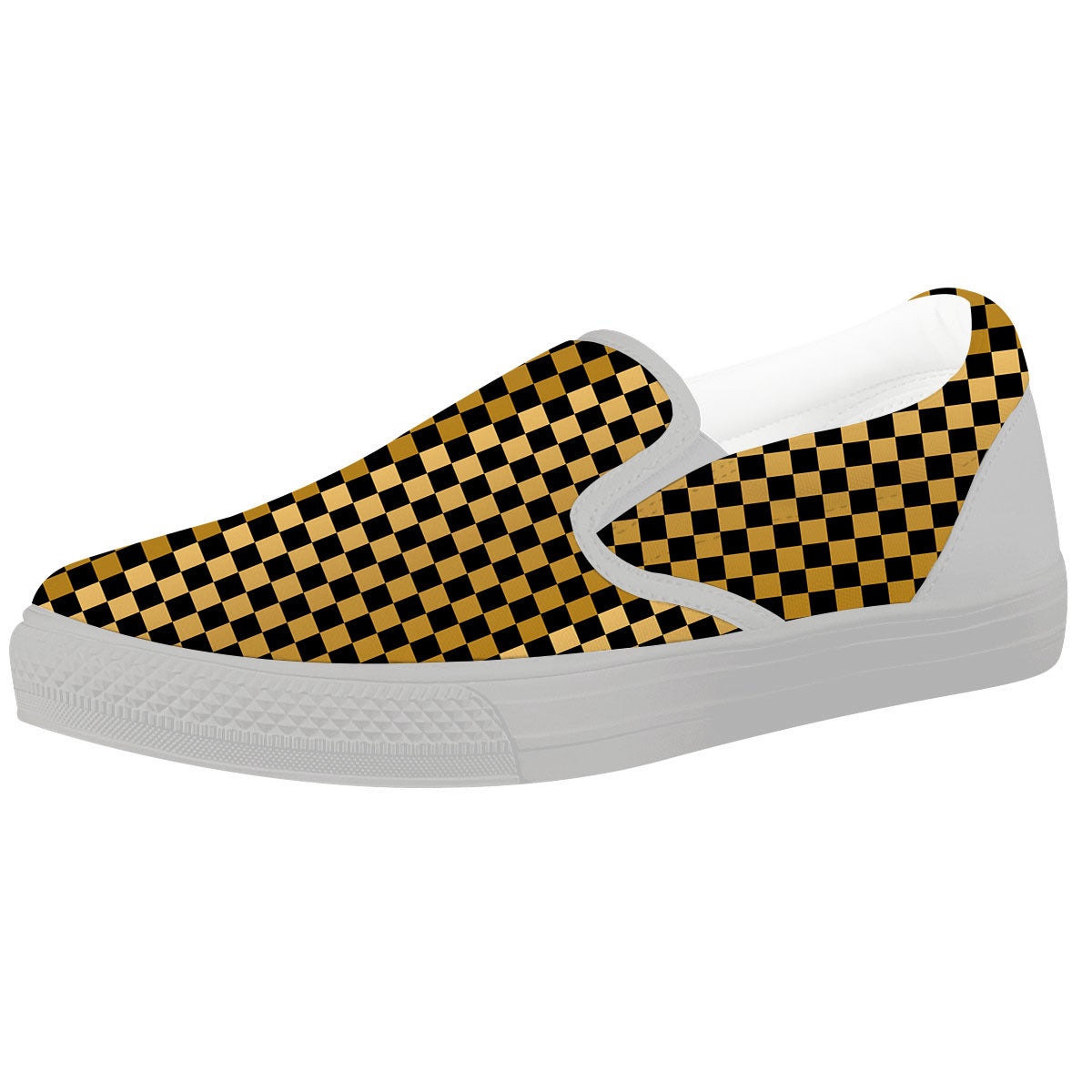 Checkered Black And Gold Print Pattern White Slip On Shoes-grizzshop
