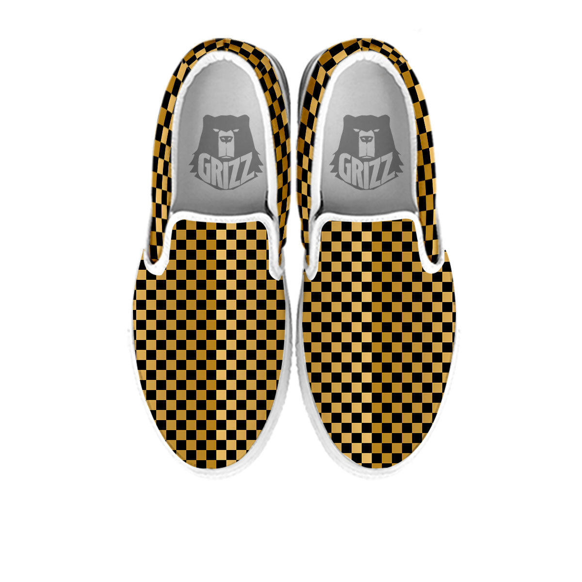 Checkered Black And Gold Print Pattern White Slip On Shoes-grizzshop