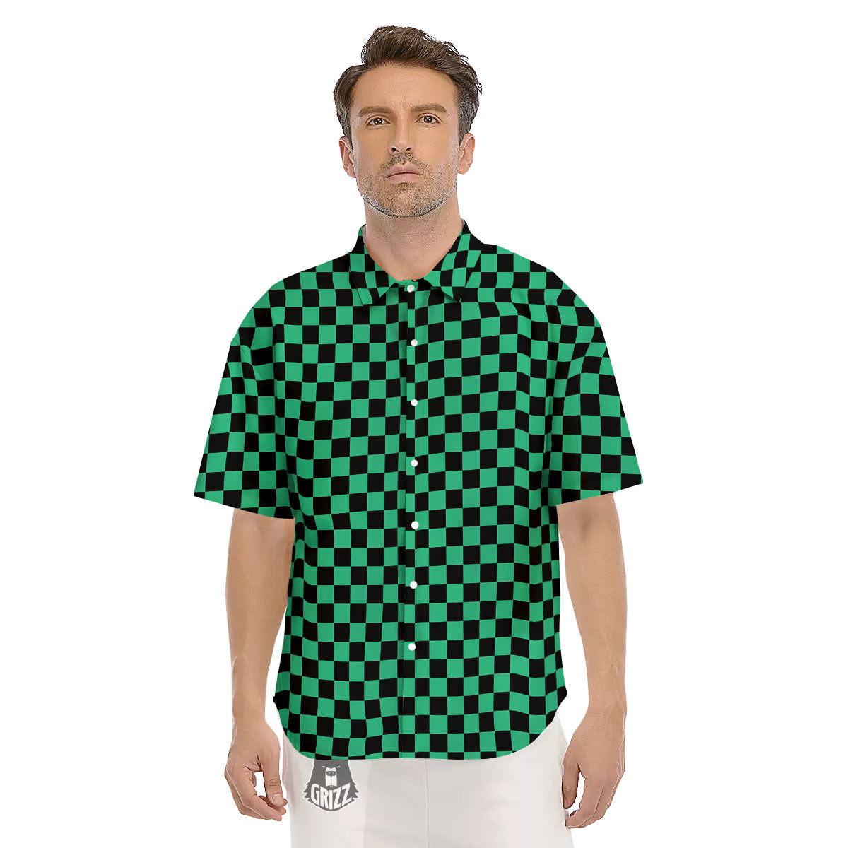 Checkered Black And Green Print Pattern Men's Short Sleeve Shirts-grizzshop