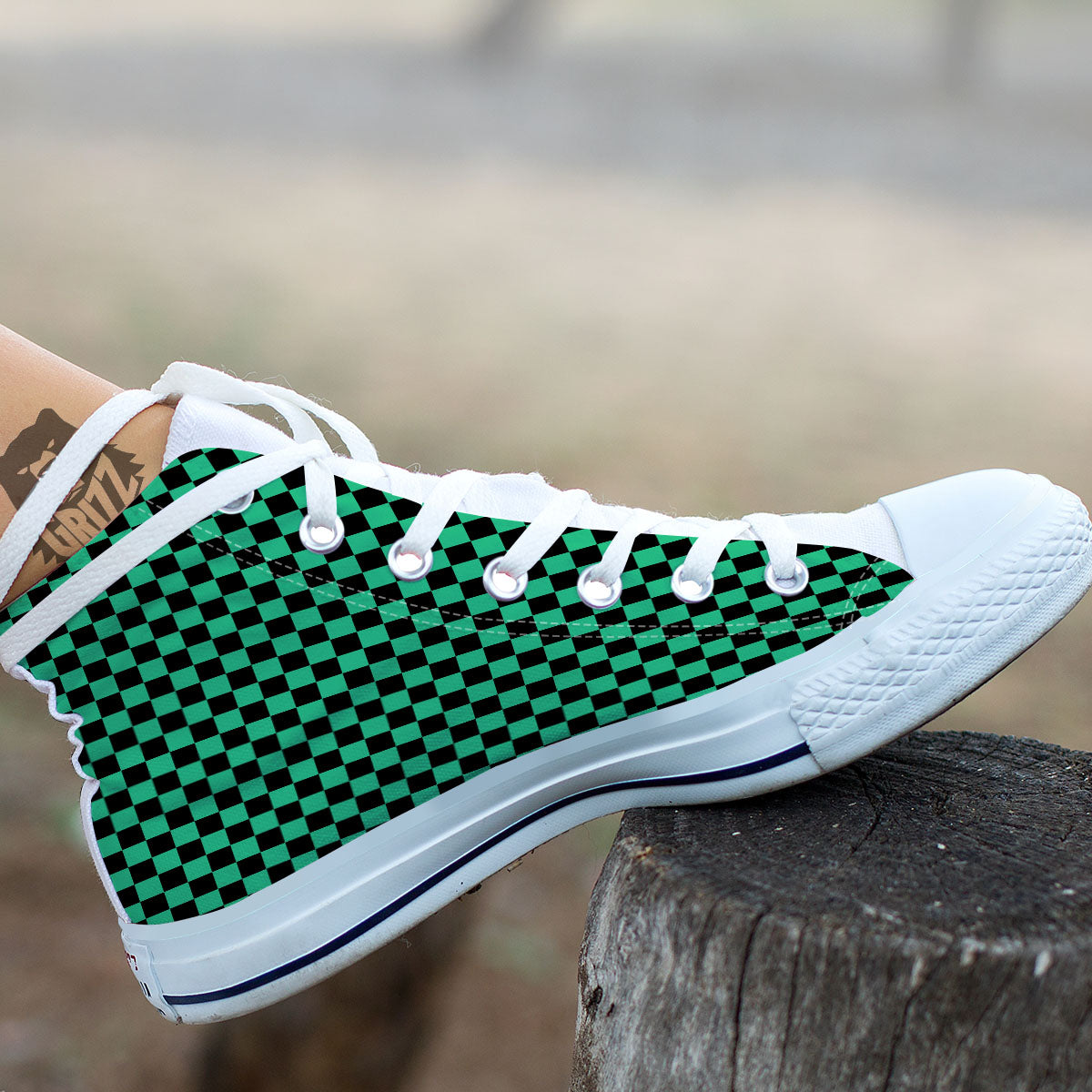 Checkered Black And Green Print Pattern White High Top Shoes-grizzshop