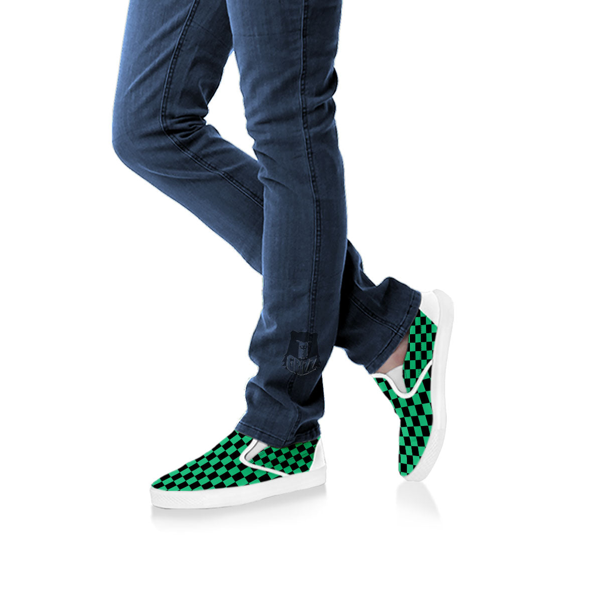 Checkered Black And Green Print Pattern White Slip On Shoes-grizzshop
