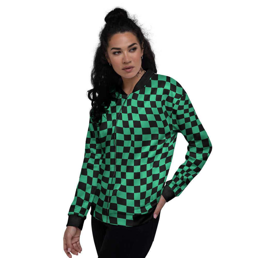 Checkered Black And Green Print Pattern Women's Bomber Jacket-grizzshop