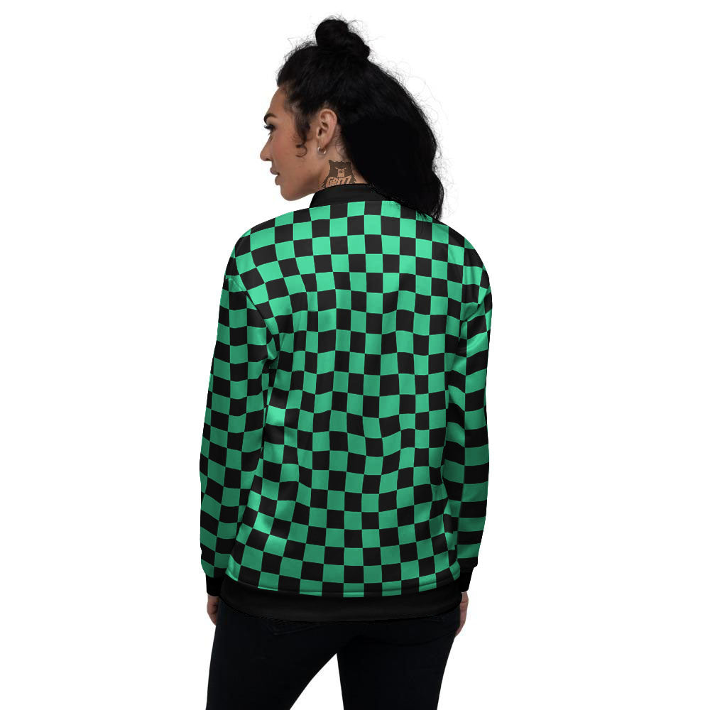 Checkered Black And Green Print Pattern Women's Bomber Jacket-grizzshop