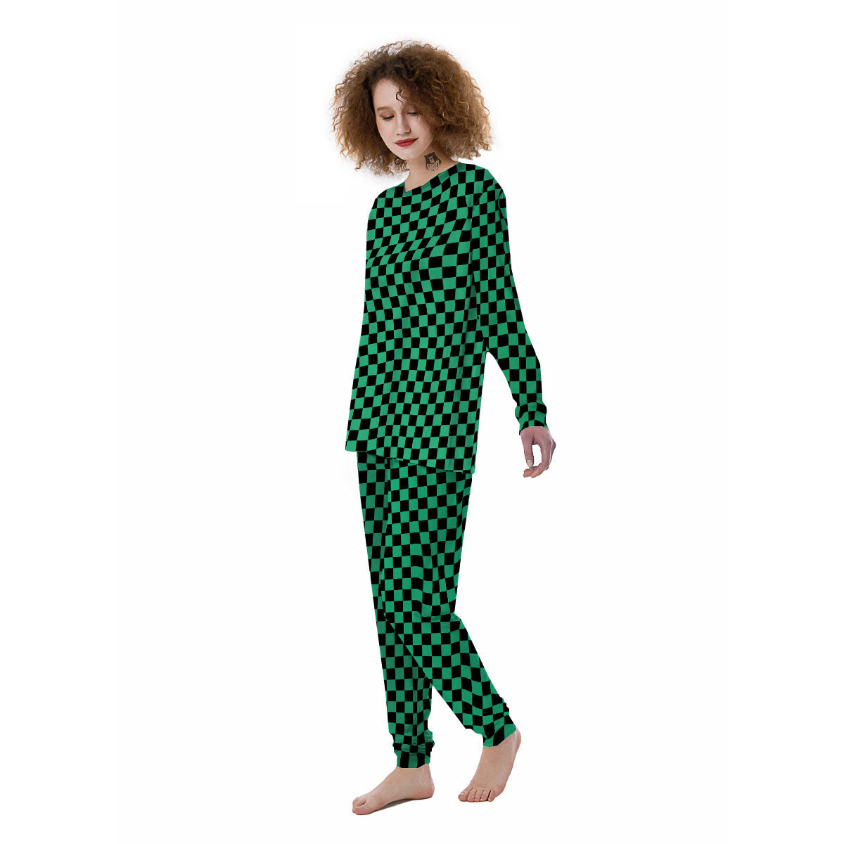 Checkered Black And Green Print Pattern Women's Pajamas-grizzshop