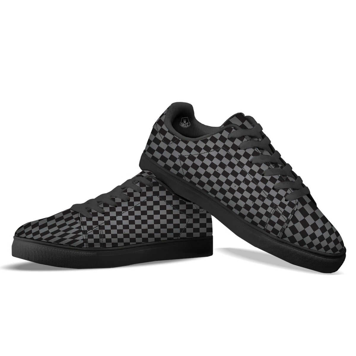 Checkered Black And Grey Print Pattern Black Low Top Sneakers-grizzshop