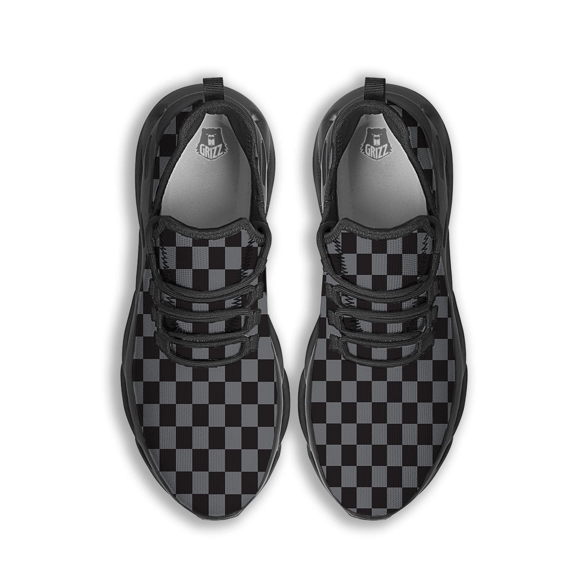 Checkered Black And Grey Print Pattern Black Running Shoes-grizzshop