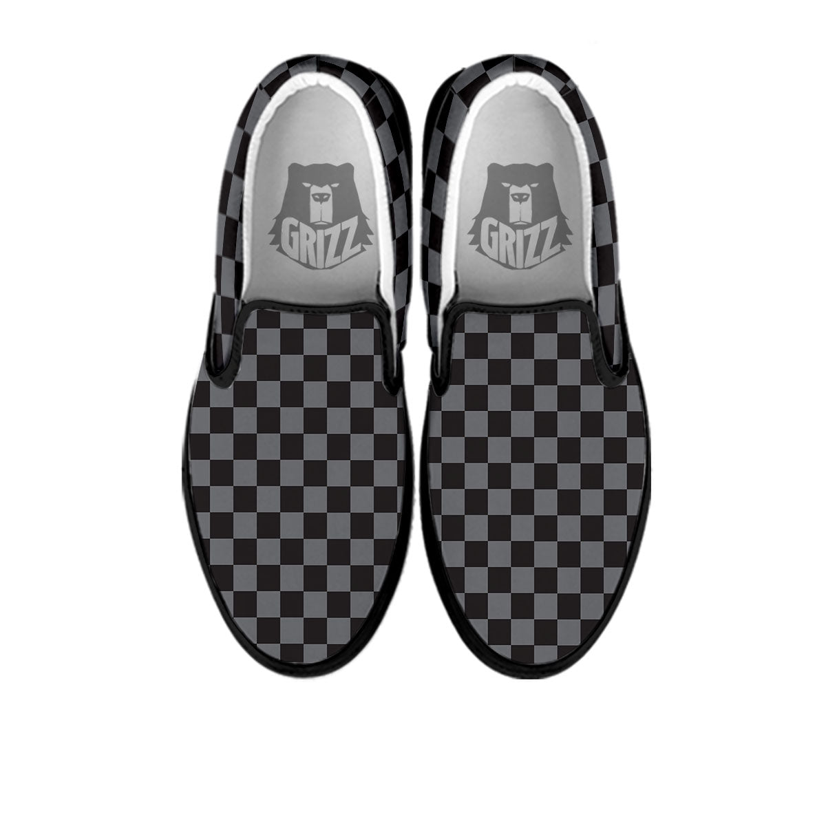 Checkered Black And Grey Print Pattern Black Slip On Shoes-grizzshop