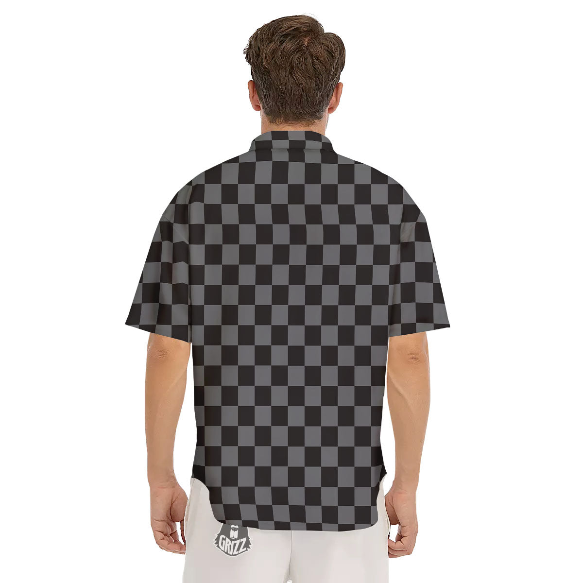 Checkered Black And Grey Print Pattern Men's Short Sleeve Shirts-grizzshop