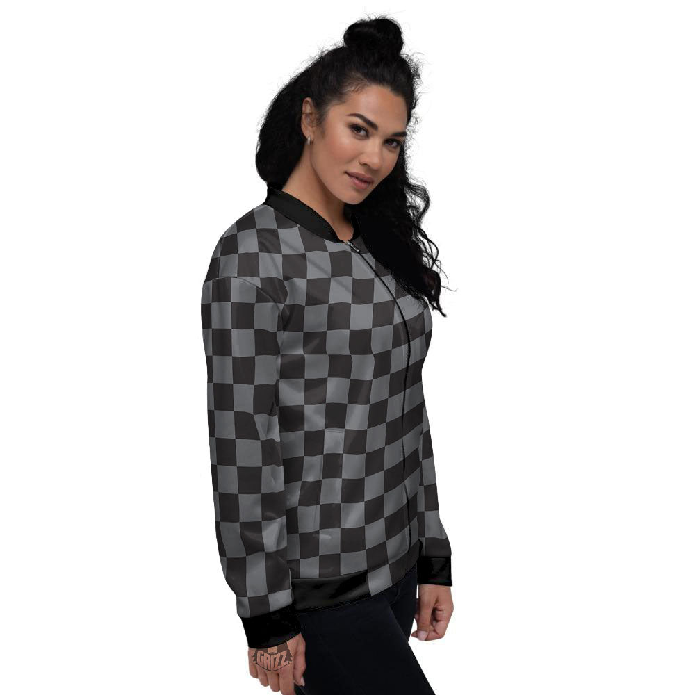 Checkered Black And Grey Print Pattern Women's Bomber Jacket-grizzshop